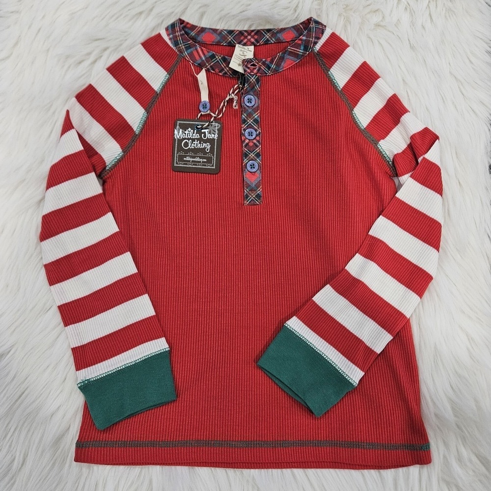 Matilda Jane Girl's Thermal‎ Winter Holiday Top/PJ Size 6 Ribbed Red Green White